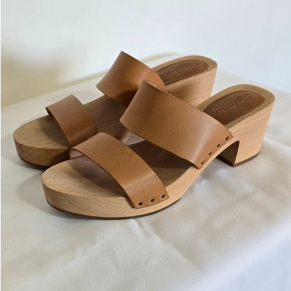 Madewell The Clara Clog Sandal Desert Camel Leather Wooden Heel Size: 7.5